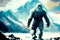 Mountain mystical monster bigfoot stands on snowy slope