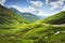 Mountain nature landscape in Svaneti, Georgia. Amazing view on grassy hills on sunny bright day. Wonderful highlands.