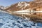 The mountain near the road is reflected in the spring puddle of