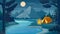 Mountain night camping. Cartoon forest landscape with lake, tent and campfire, sky with moon. Hiking adventure, nature