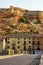 Mountain with old houses carved into the stone under the castle, San Esteban de Gormaz, Soria.