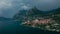 Mountain panorama at Lake Iseo with mountains and village Marone from above, Italy