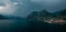 Mountain panorama at Lake Iseo with mountains and village Marone from above, Italy