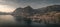 Mountain panorama at Lake Iseo with mountains and village Marone from above during sunset, Italy