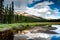 Mountain panorama with small lake at the icefield parkway