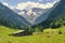 Mountain pasture in Zillertal area, Austria with old barn,  cows and mountain peaks on the background