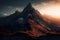 Mountain peak in atmospheric perspective in shades of blue. Sunset over a snowy mountain range.