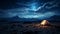 Mountain peak with camping, night adventure, travel, sky, beauty in nature, sunset, hiking, tranquil scene generated by