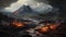Mountain peak erupting, smoke, fire, lava flow, volcanic landscape, beauty in nature generated by AI