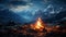 Mountain peak, flame, sunset, campfire, hiking, nature, adventure generated by AI