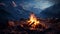 Mountain peak glowing with campfire flame at dusk generated by AI