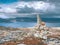 Mountain peak Linesfjellet & x28;230 m& x29;, Linesoya island, Norway. Stone pyramid