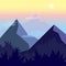 Mountain peak silhouettes scenery. Scenic night landscape flat style illustration. Vector square background clipart for