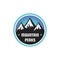 Mountain peaks - concept badge. Climbing logo in flat style. Extreme exploration sticker symbol. Adventure outdoors Camping