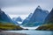 Mountain peaks in the mist in a cove at Lofoten, Norway made with Generative AI