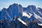 Mountain peaks on the mont blanc massif. Beautiful mountains in the Alps in Chamonix. Big rocky spikes. mountaineering