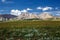 Mountain peaks rise among the flowering fields. Traditional summer pastures. Kyrgyzstan