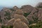 Mountain peaks with trees in Montserrat, view from Sant Jeroni