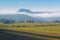 Mountain Pfaffenstein in Elbe Sandstone Mountains with fog