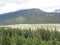 Mountain Range with Forests and Stream. Lush temperate rainforest in alaska with clouds and sun