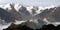 mountain range with glaciers, snowfields and sharp rocks in Trans-Ili Alatau, Tian Shan, Kazakhstan