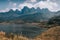 Mountain range with lake in foreground, Ling Tong Mountain in Zhangzhou, Fujian, China