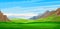 Mountain range. Landscape. Mountains panorama with clouds and meadow. Vector background image. Flat cartoon style. Horizon view