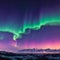 A mountain range with a purple and green aurora bore.