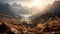 Mountain range, rocky landscape with the first rays of the sun shining on the peaks, AI generative