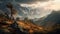 Mountain range, rocky landscape with the first rays of the sun shining on the peaks, AI generative