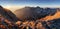 Mountain range with sun in Slovakia, Slavkovsky peak