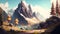 Mountain realistic style. Digital illustration. Artwork, stage design in cartoon style. Natural landscapes. A scene from a video