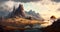 Mountain realistic style. Digital illustration. Artwork, stage design in cartoon style. Natural landscapes. A scene from a video