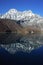 Mountain reflecting in calm Gokyo lake. Hiking in Nepal Himalayas