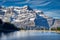 mountain reservoir in glaurs, switzerland.Autumn mood in front of the Garnisch mountain range at Garichtisee