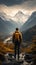 Mountain reverie, man on trek admires view, captured from behind on trail