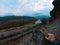 Mountain rift sky clouds landscape. Mountain cloudy sky over mountain rift panorama