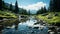 Mountain river on a beautiful summer day. Scenic Landscape of mountains, mountain river. Beautiful drone shot of the river in the