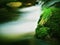 Mountain river with blurred waves of clear water. White curves in rapids between mossy boulders and bubbles create trails.