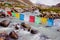 Mountain river and buddhist flags