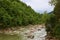 Mountain river flowing through green forest, beautiful landscape of river and wood, wonderful scenery exiting place for visiting,