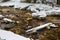 Mountain river flowing in winter snowy forest.