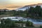 Mountain river and forest trees on the sunset, Altai Mountains, Kazakhstan