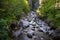 Mountain river in the gorge of mountains near the city of San Pelegrino in Italy