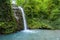 Mountain river in the gorge and stones covered with moss. Waterfall and dense vegetation.