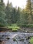 Mountain river among large stones and with forest banks