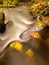 Mountain river with low level of water, gravel with first colorful leaves. Mossy rocks and boulders on river bank.