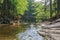 Mountain river Mumlava, Krkonose national park, Czech Republic, summer afternoon, footbridge above river, Mumlava waterfall