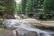 Mountain river Mumlava, Krkonose national park, Czech Republic, summer afternoon, footbridge above river, Mumlava waterfall