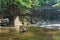 Mountain river Mumlava, Krkonose national park, summer afternoon, footbridge above river, Mumlava waterfall